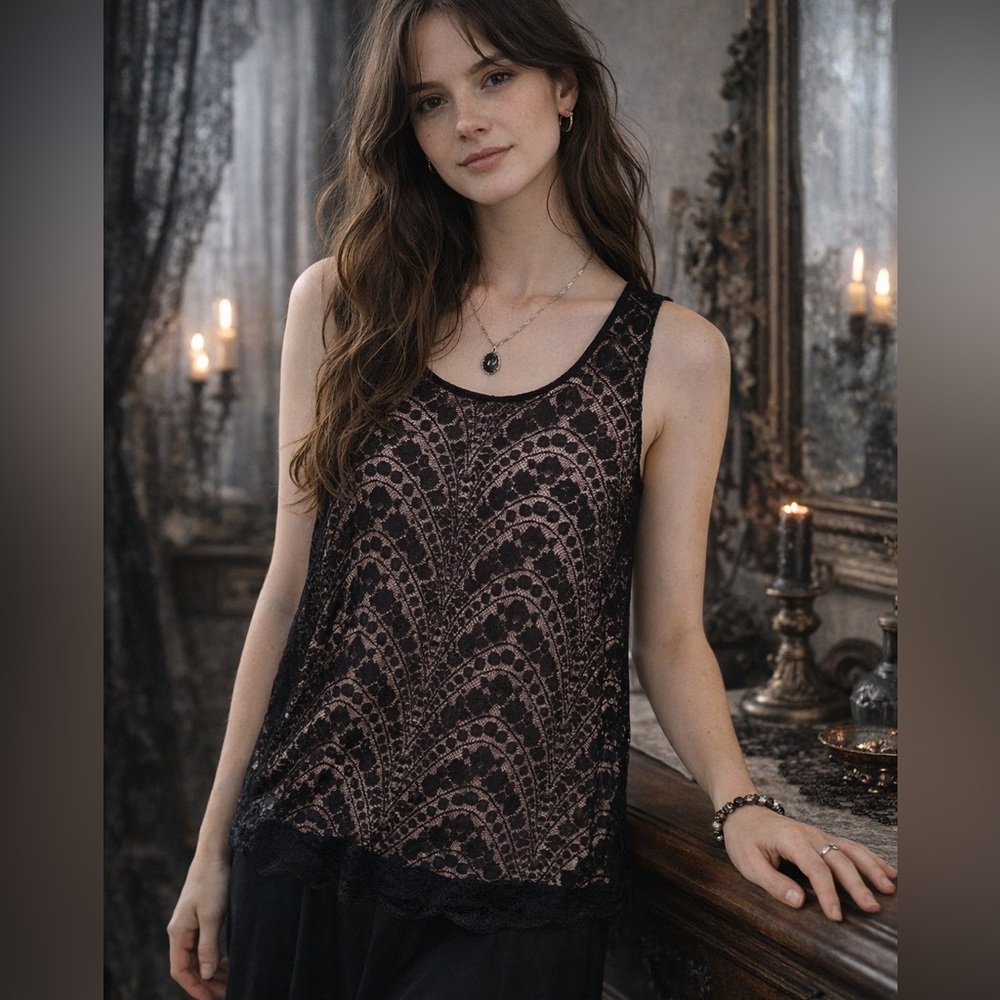 Suzy Shier Lace Tank Top Small Black Pink Coquette Goth Romantic Coquette Preppy